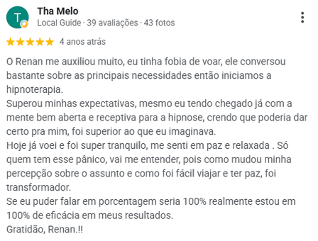 Avaliação de Tha Melo no Google, 5 estrelas: tinha fobia de voar e diz que o resultado superou as expectativas. Conta que já voou tranquila, em paz e relaxada, e que a percepção sobre o assunto mudou.